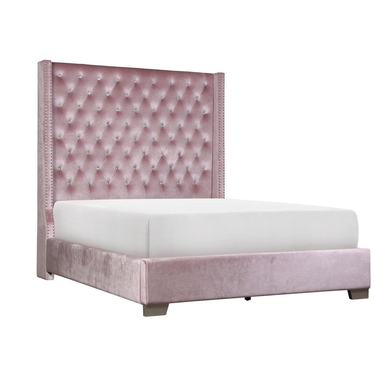 Jacklyn Pink Modern Contemporary Solid Wood Faux Leather Upholstered Tufted Queen Panel Bed - Ella Furniture
