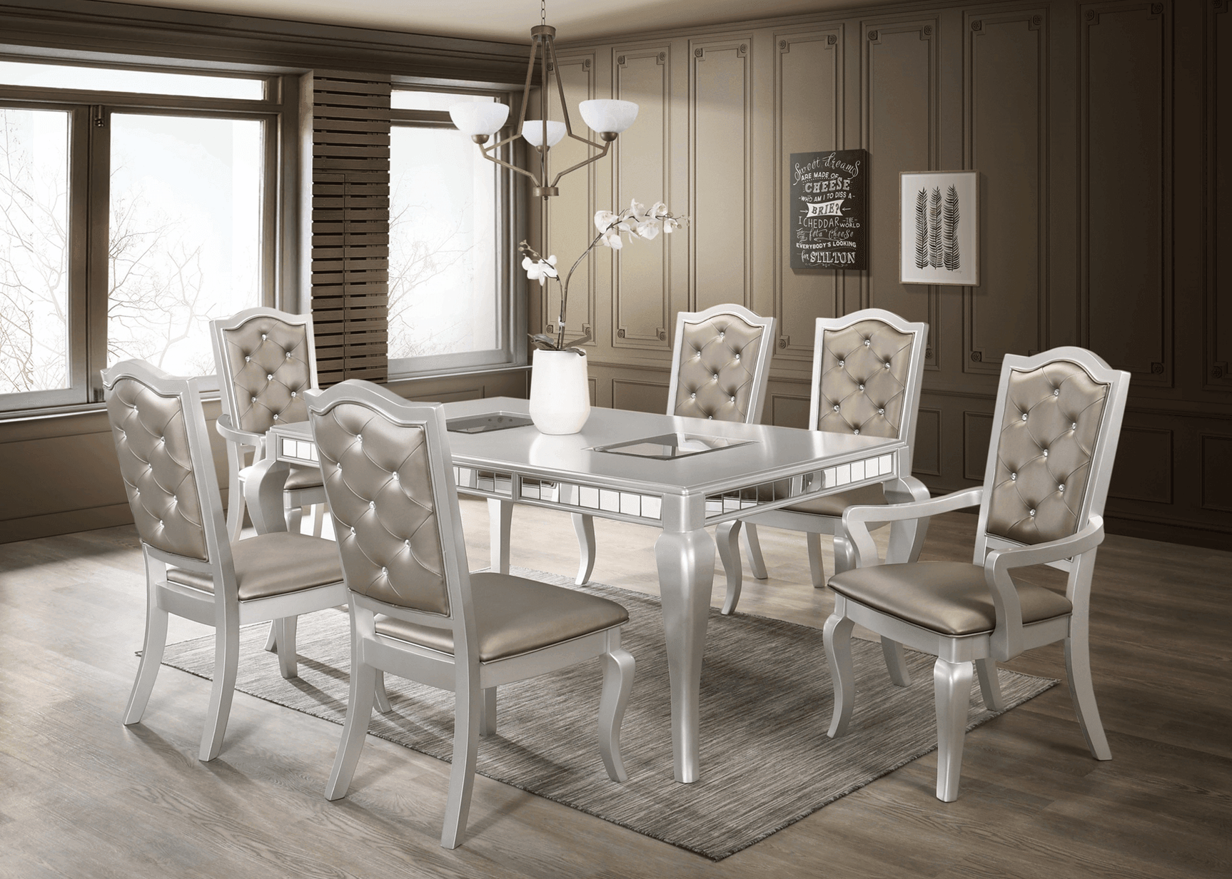 Calabella Silver Modern Contemporary Faux Leather Dining Table + 6 Chair Set - Ella Furniture