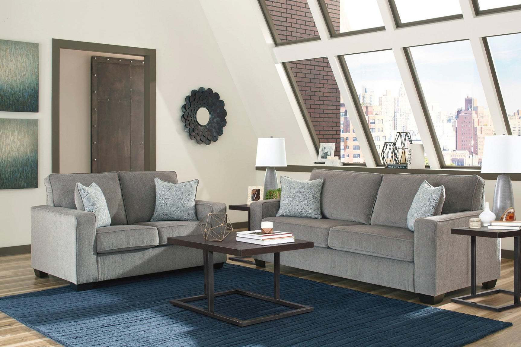 Ashley Altari Alloy Gray Modern Sleek Contemporary Fabric Polyester Upholstered Sofa & Loveseat Set - Ella Furniture