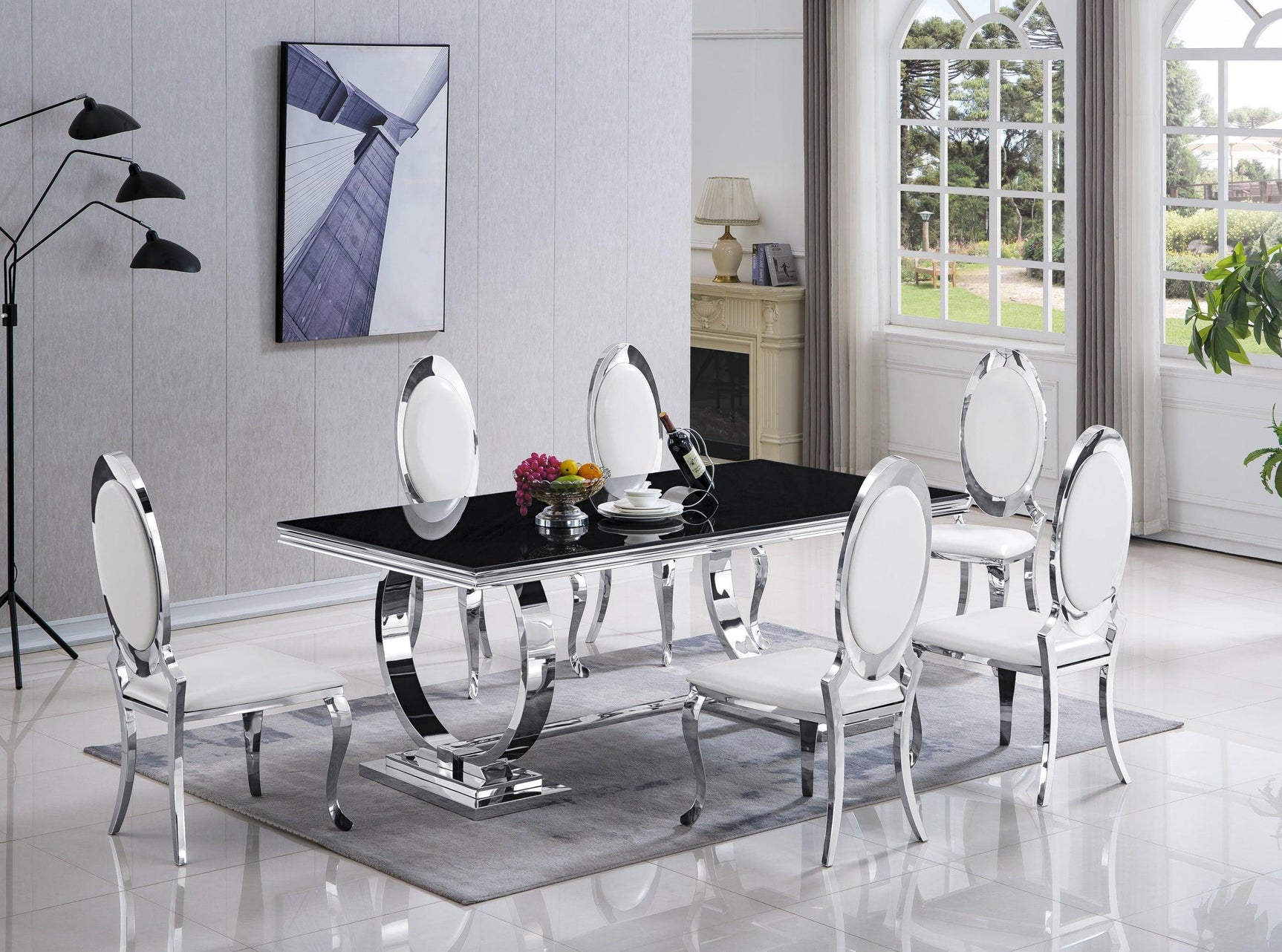 Betsy Chrome/White Sleek Modern Metal Faux Leather Dining Table + 6 Chair Set - Ella Furniture