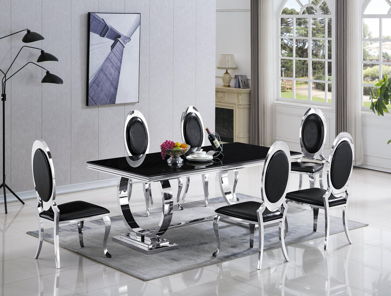 Betsy Black Sleek Modern Metal Faux Leather Dining Table + 6 Chair Set - Ella Furniture