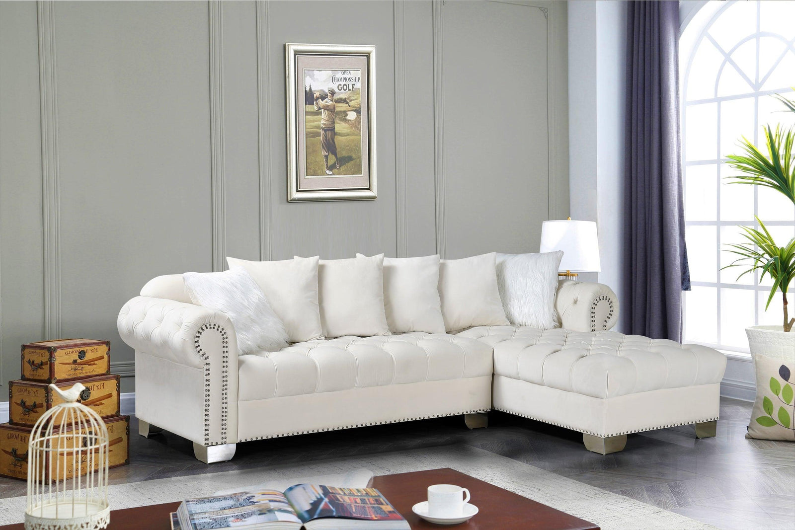 Royal Beige Modern Contemporary Metal Velvet Tufted Sectional - Ella Furniture