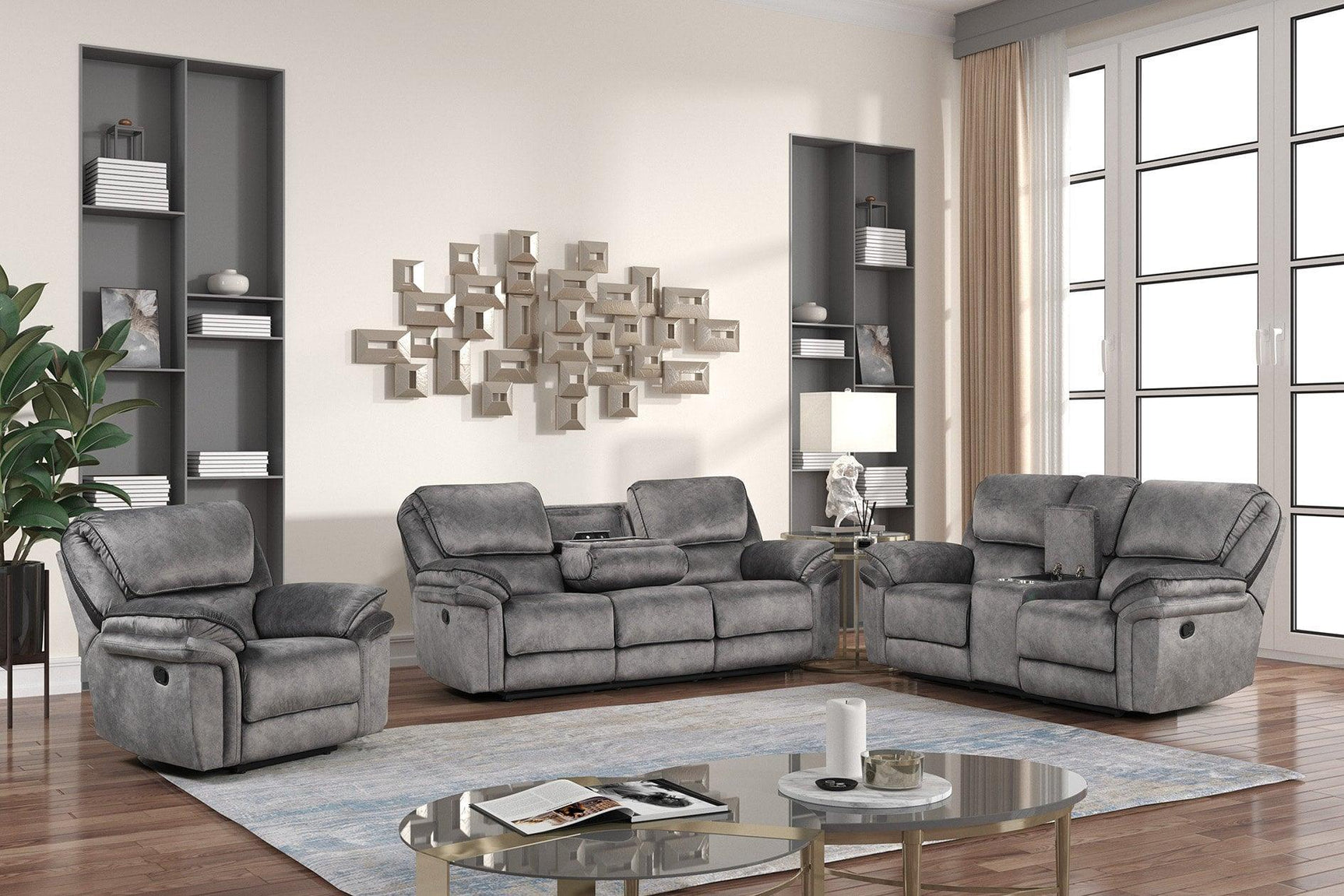Perry Grey Modern Sleek Contemporary Fabric 3Pc Oversized Reclining Set - Ella Furniture