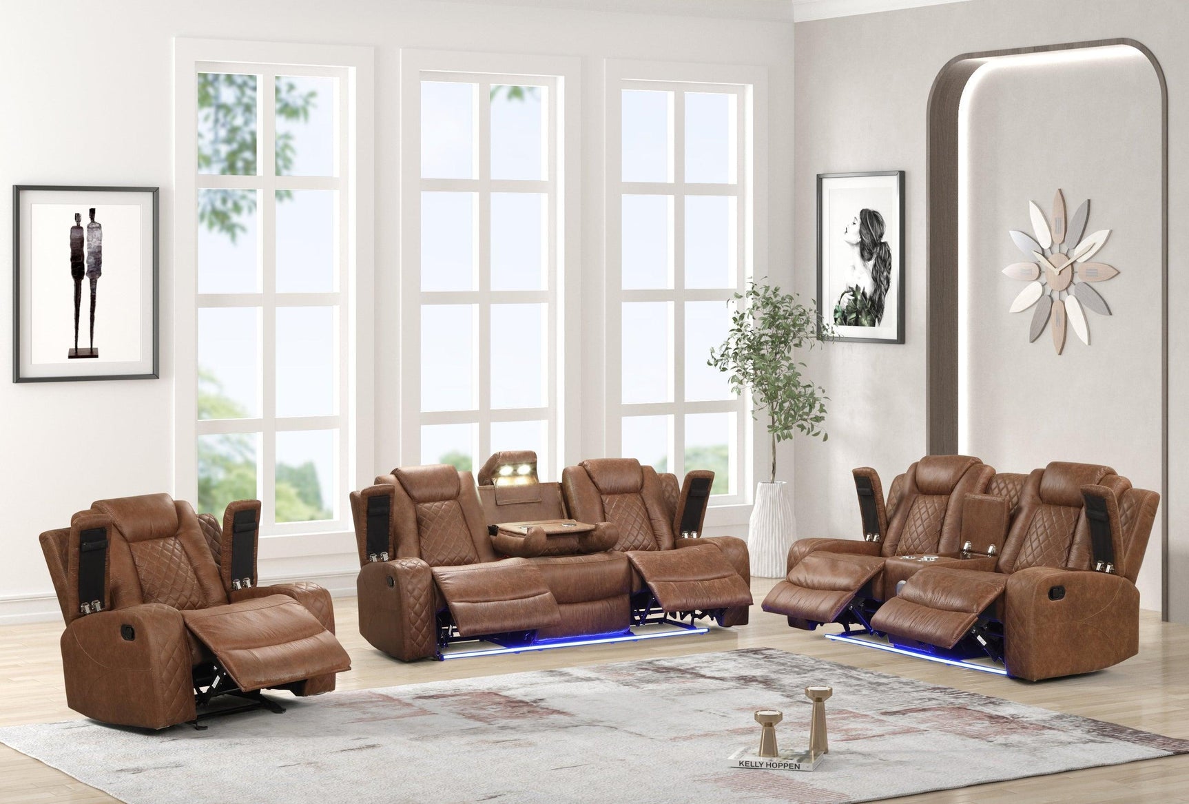Luz Tan Modern Sleek Contemporary Faux Leather Polyester 3Pc Reclining Set - Ella Furniture
