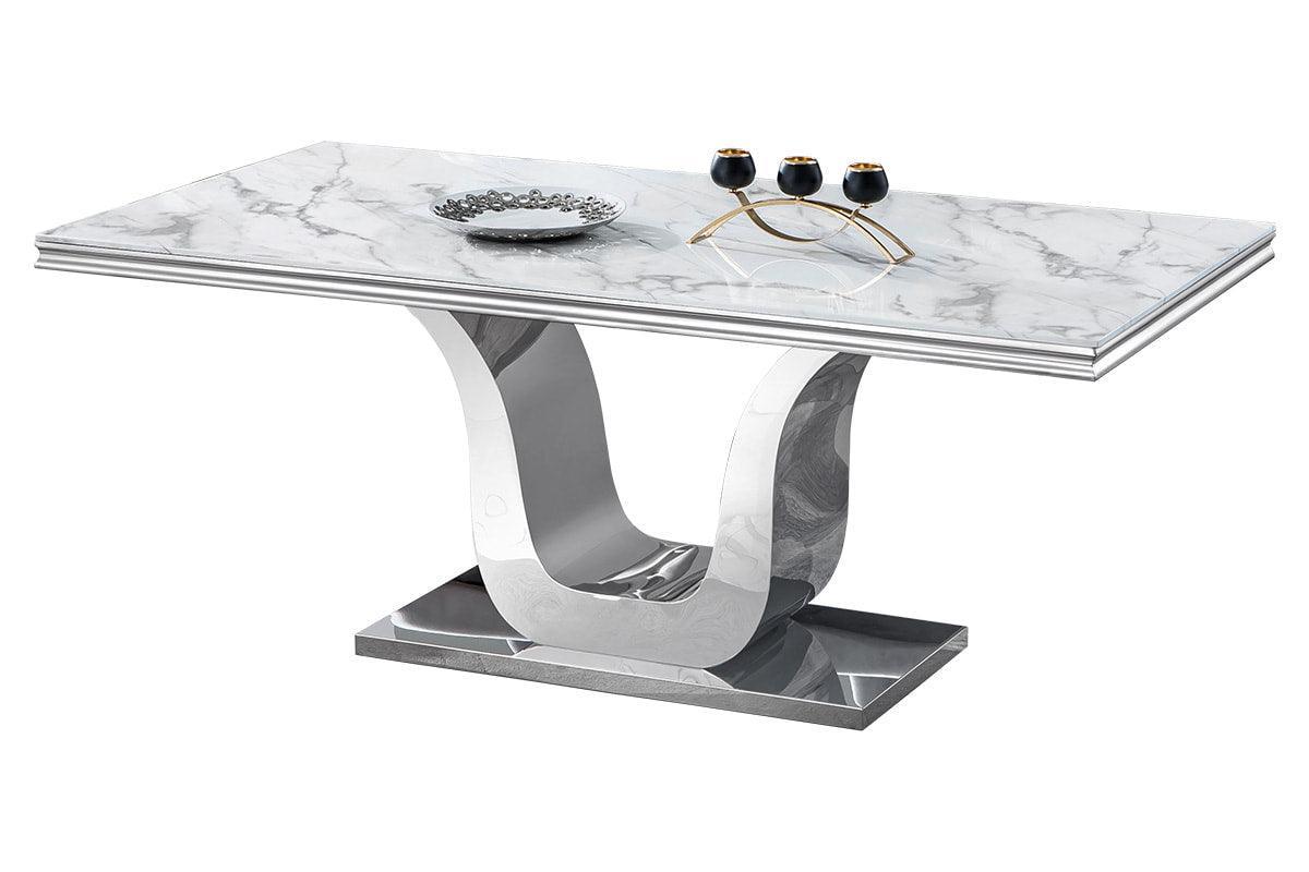 Gray Modern Contemporary Metal Genuine Marble Faux Leather Fabric Dining Table + 6 Chair Set - Ella Furniture