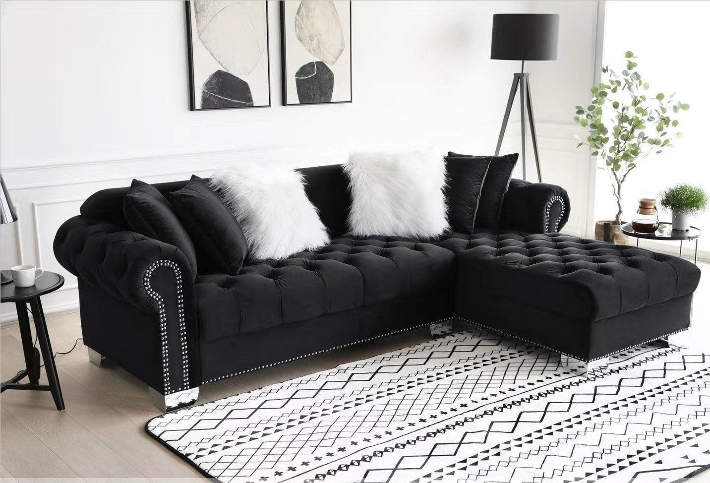 Royal Black Modern Contemporary Metal Velvet Tufted Sectional - Ella Furniture
