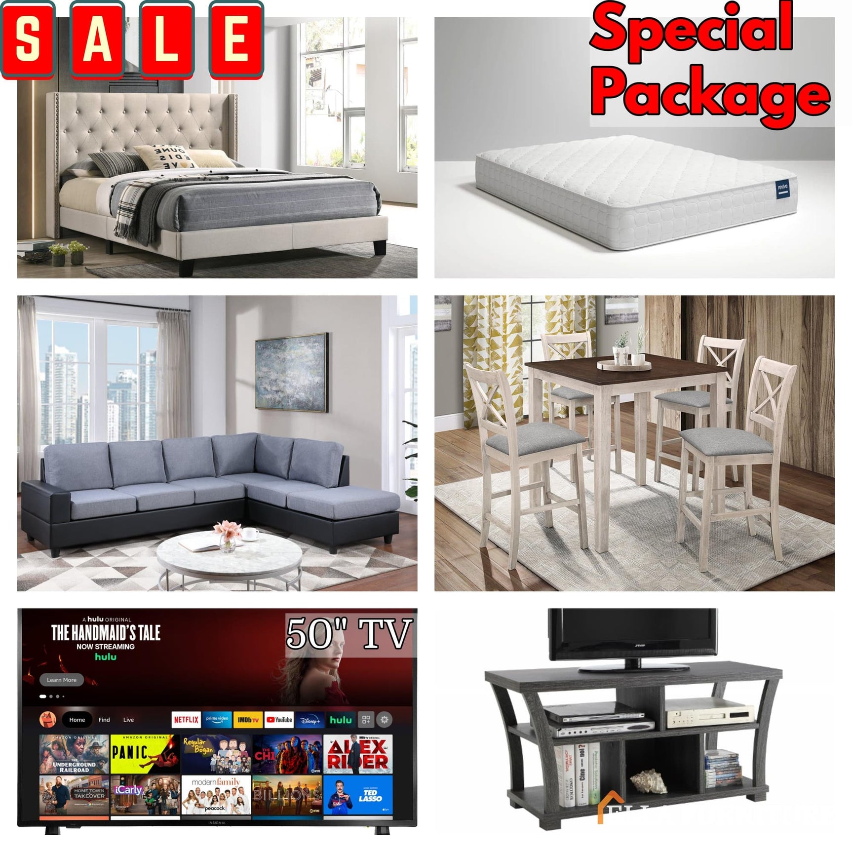 3-room furniture package displayed with queen bed, sectional sofa, dining table set, 50-inch TV, and TV stand from Ella Furniture