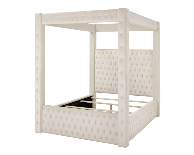 Annabelle Ivory Modern Solid Wood Velvet Upholstered Tufted Queen Bed - Ella Furniture
