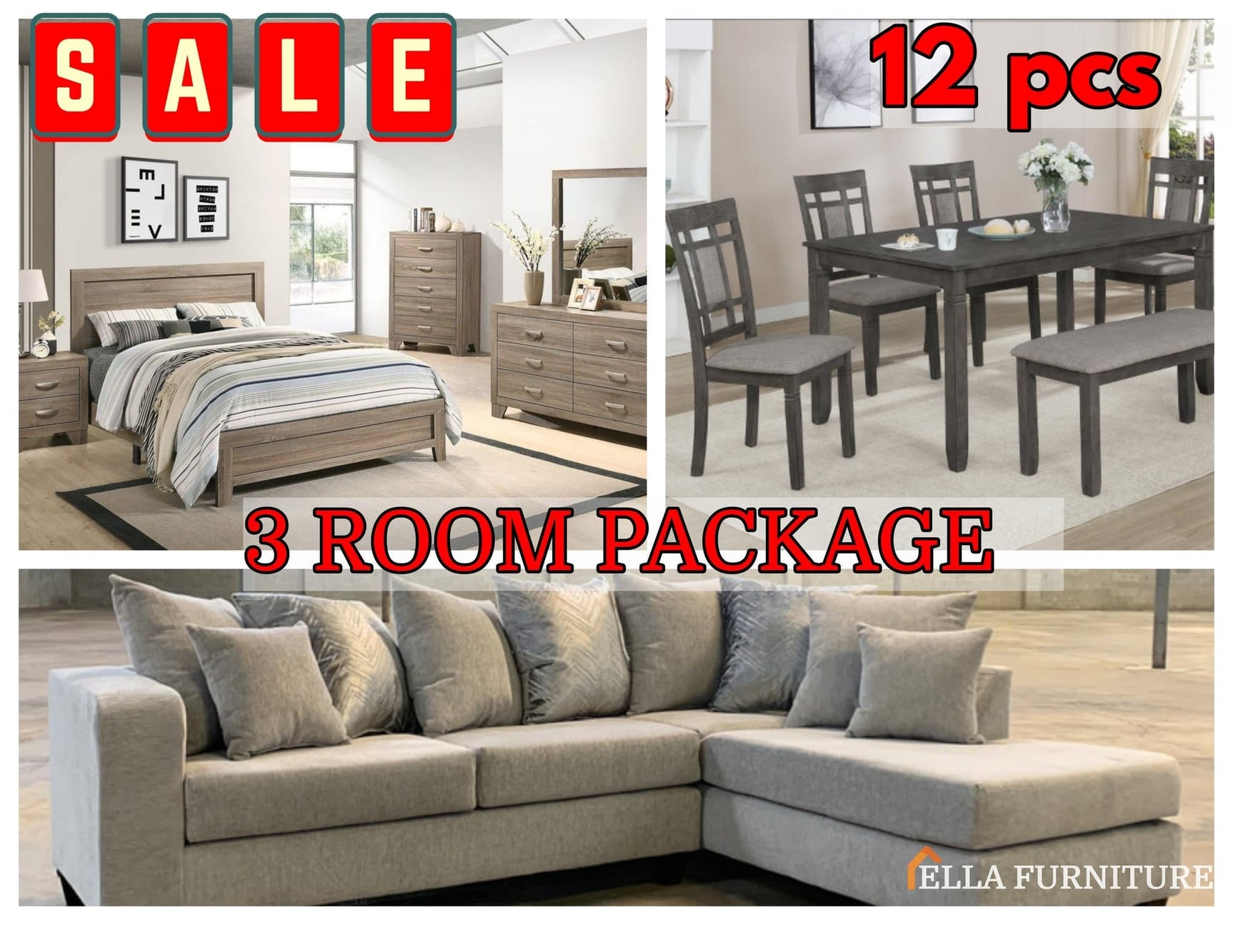 3 room furniture package featuring queen bedroom set, dining table with chairs, and sectional sofa