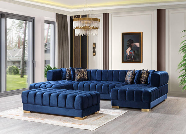 Mia Blue Velvet Double Chaise Sectional - Ella Furniture