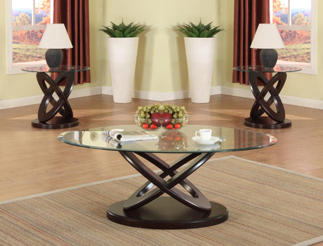 Cyclone Atomic Espresso And Glass End Oval Coffee Table - Ella Furniture