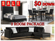 3-Room Furniture Package showing queen bed, 5-piece dining set, and sectional sofa assembled in living space