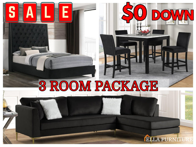 3-Room Furniture Package showing queen bed, 5-piece dining set, and sectional sofa assembled in living space