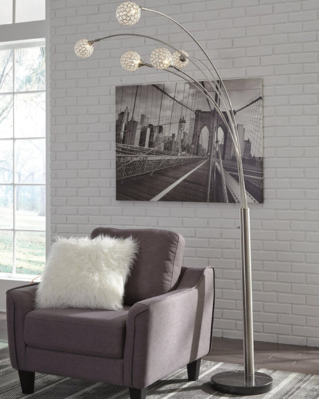 Winter Arc Floor Lamp with silver metal arc and black marble base, full view