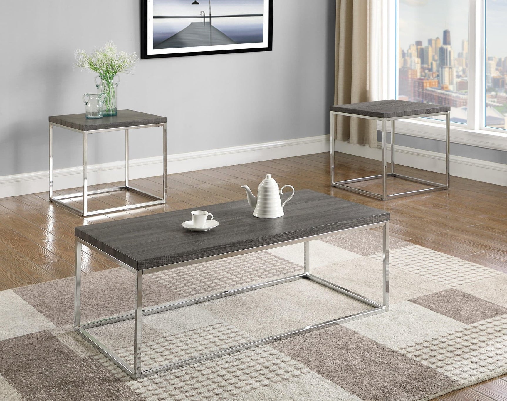 Britt Grey 3-Piece Occasional Coffee Table Set, Metal With Asian Hardwood And Veneers, Metal And Wood, Metal Legs, Contemporary Style - Ella Furniture