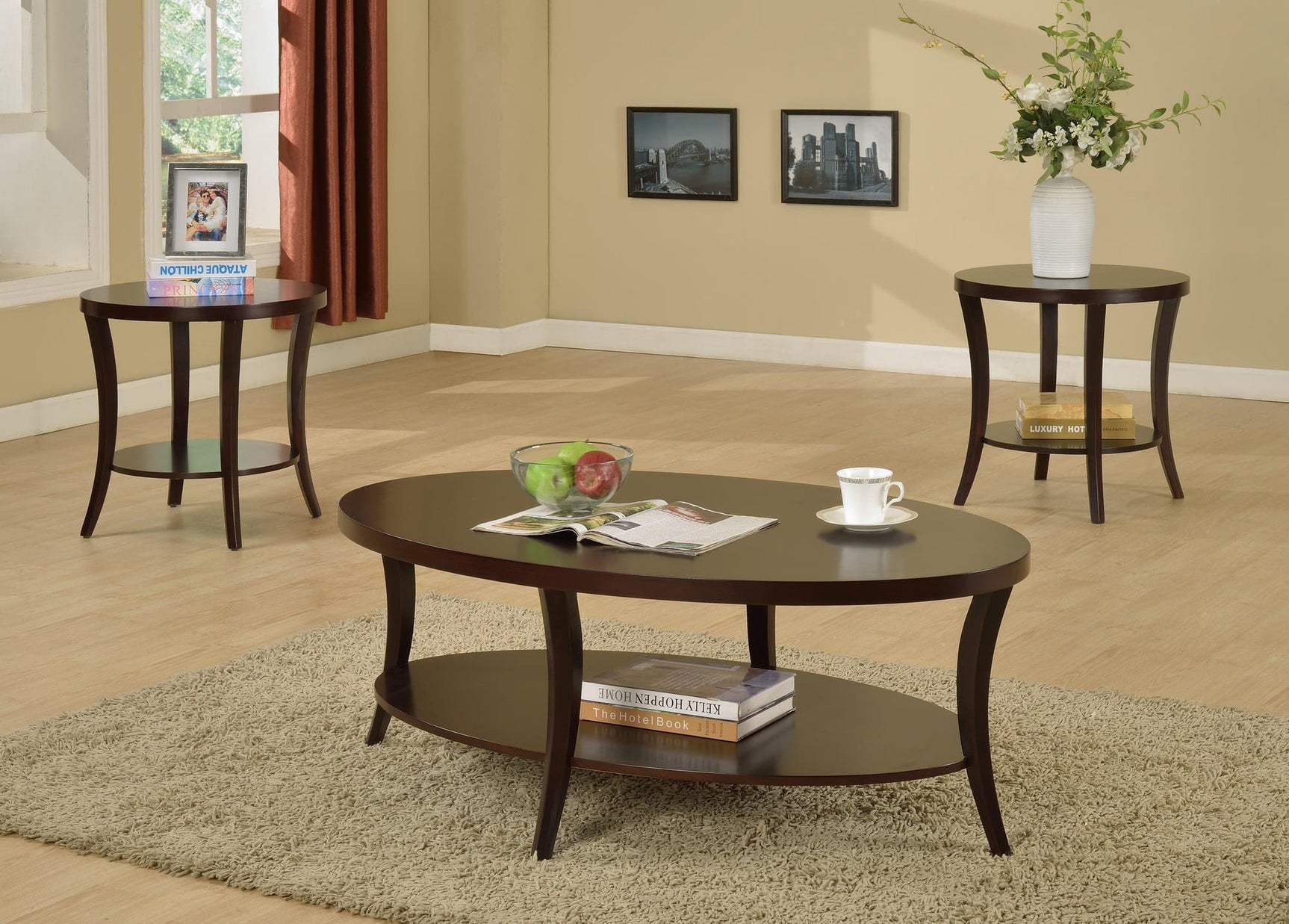 Rhonda Beautiful And Bold Brown Finish Modern 3-Piece Coffee Occasional Oval Table Set With Bottom Open Platform - Ella Furniture