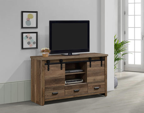 Calhoun Media Chest With Barn Door, Entertainments Cabinet, Wood And Veneer, And Features A Rustic Distressed Finish - Ella Furniture