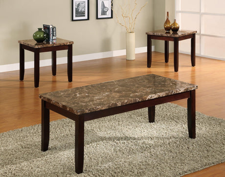 Ferrara Dark Brown Finish 3-Piece Coffee Occasional Table Set for Living Room, Block Legs And Convincing Faux Stone, Wood with Laminate Top - Ella Furniture