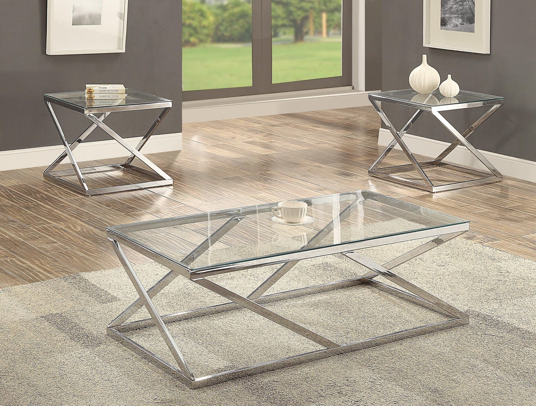 Chase Modern And Eye-Catching Sleek Silver Metal Finish And Glass 3-Piece Coffee Table Set - Ella Furniture