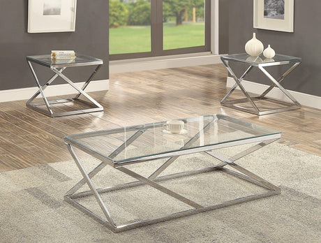 Chase Modern And Eye-Catching Sleek Silver Metal Finish And Glass 3-Piece Coffee Table Set - Ella Furniture