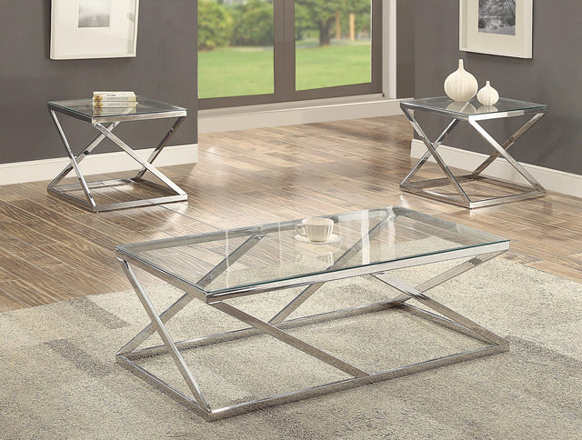 Chase Modern And Eye-Catching Sleek Silver Metal Finish And Glass 3-Piece Coffee Table Set - Ella Furniture