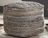 Absalom Denim Pouf side view showing square shape and denim fabric