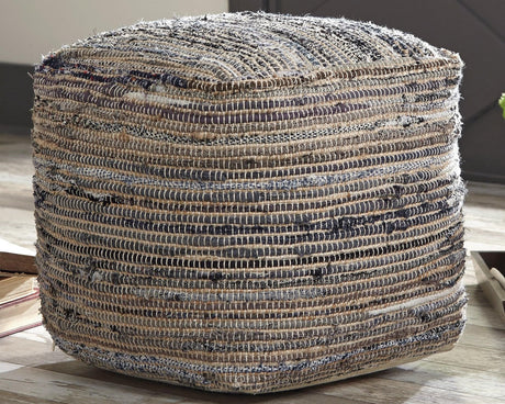 Absalom Denim Pouf side view showing square shape and denim fabric