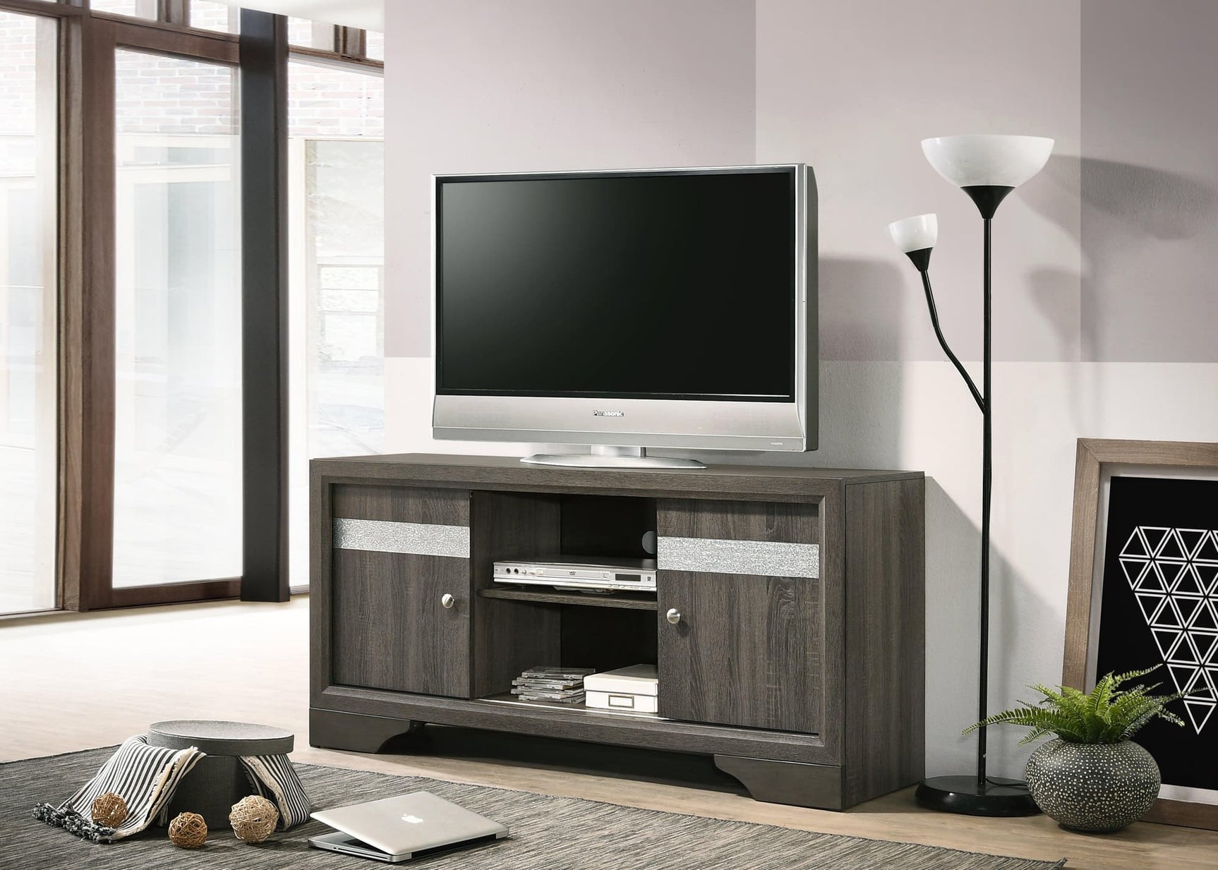 Regata Grey Finish Modern Tv Stand, Entertainment Cabinet, Contemporary Style, Media Console With Wood Finish And Wood Legs with Storage Doors for Living Room - Ella Furniture