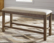Moriville Beige Upholstered Counter Height Dining Bench front view showing cushioned seat and backrest