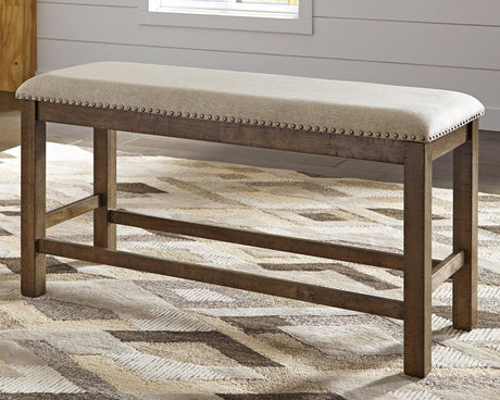 Moriville Beige Upholstered Counter Height Dining Bench front view showing cushioned seat and backrest