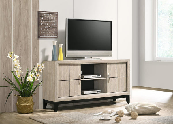 Akerson Cream Tv Stand Drift Wood, Driftwood Entertainment Console With Metal Legs With Storage Doors for Living Room - Ella Furniture