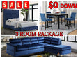 3-Room Furniture Package including queen bed, velvet sectional sofa, and 5-piece dining set