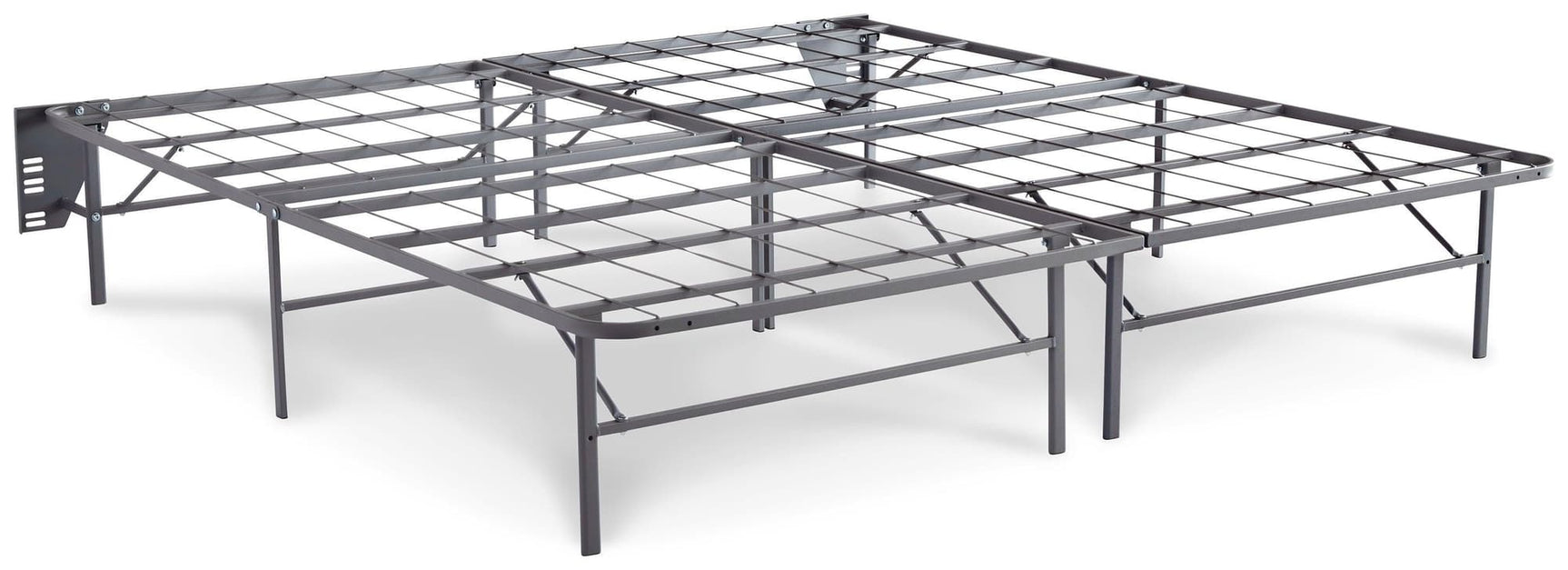 Gray split king 2-piece foundation with metal frame and fabric covering, viewed from front angle