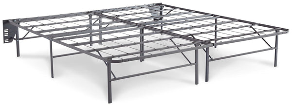 Gray split king 2-piece foundation with metal frame and fabric covering, viewed from front angle