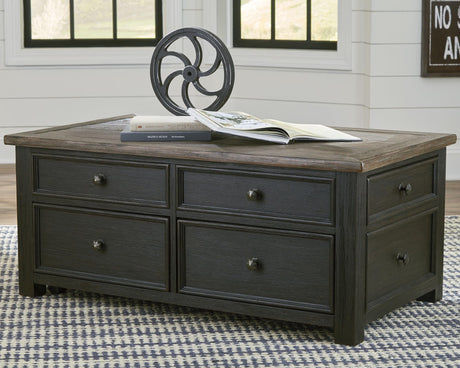 Tyler Creek coffee table with weathered grayish brown lift-top in open position