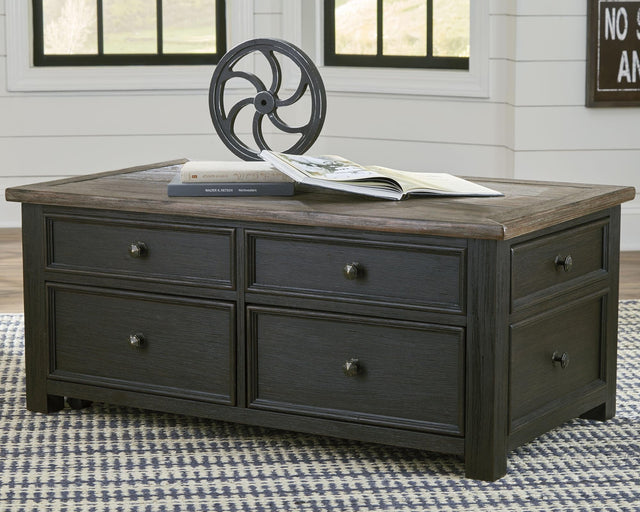 Tyler Creek coffee table with weathered grayish brown lift-top in open position