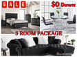 3-room furniture package featuring queen bedroom set, dining table, and sectional sofa from Ella Furniture
