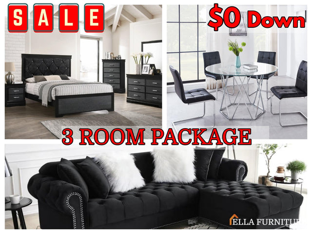 3-room furniture package featuring queen bedroom set, dining table, and sectional sofa from Ella Furniture