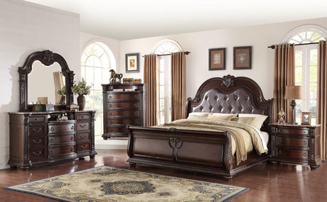 Stanley Cherry Brown Traditional Fabric Upholstered Tufted Sleigh Bedroom Set - Ella Furniture