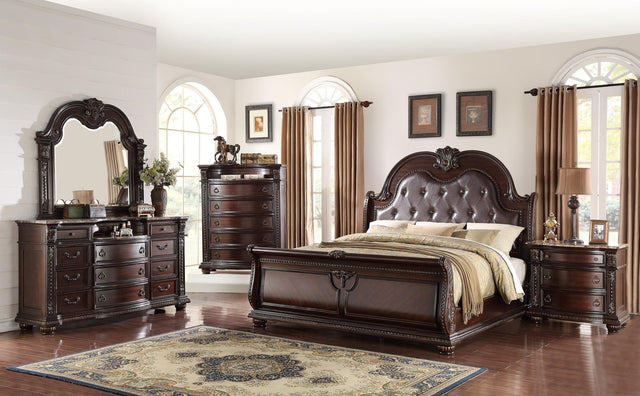 Stanley Cherry Brown Traditional Fabric Upholstered Tufted Sleigh Bedroom Set - Ella Furniture