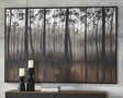 Philyra 72x48 wall art showing silver trees and orange water, front angle