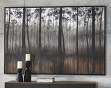 Philyra 72x48 wall art showing silver trees and orange water, front angle