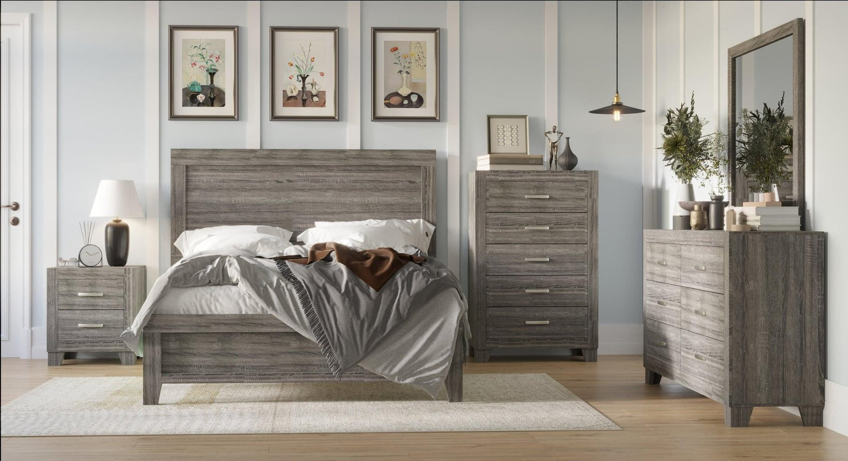 Jackson Gray Modern Lines And Rustic Solid Wood And Veneers And MDF Queen 5PC Set - Ella Furniture