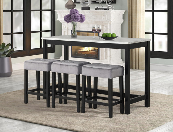 Gloria Gray Linen Modern Solid Wood And Veneers Pub Table + 3 Velvet Chair Set - Ella Furniture