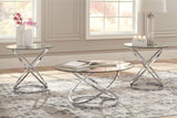 Hollynyx 3-piece table set with round clear tempered glass tops and chrome finish