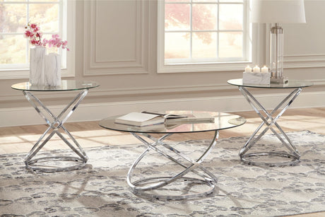 Hollynyx 3-piece table set with round clear tempered glass tops and chrome finish