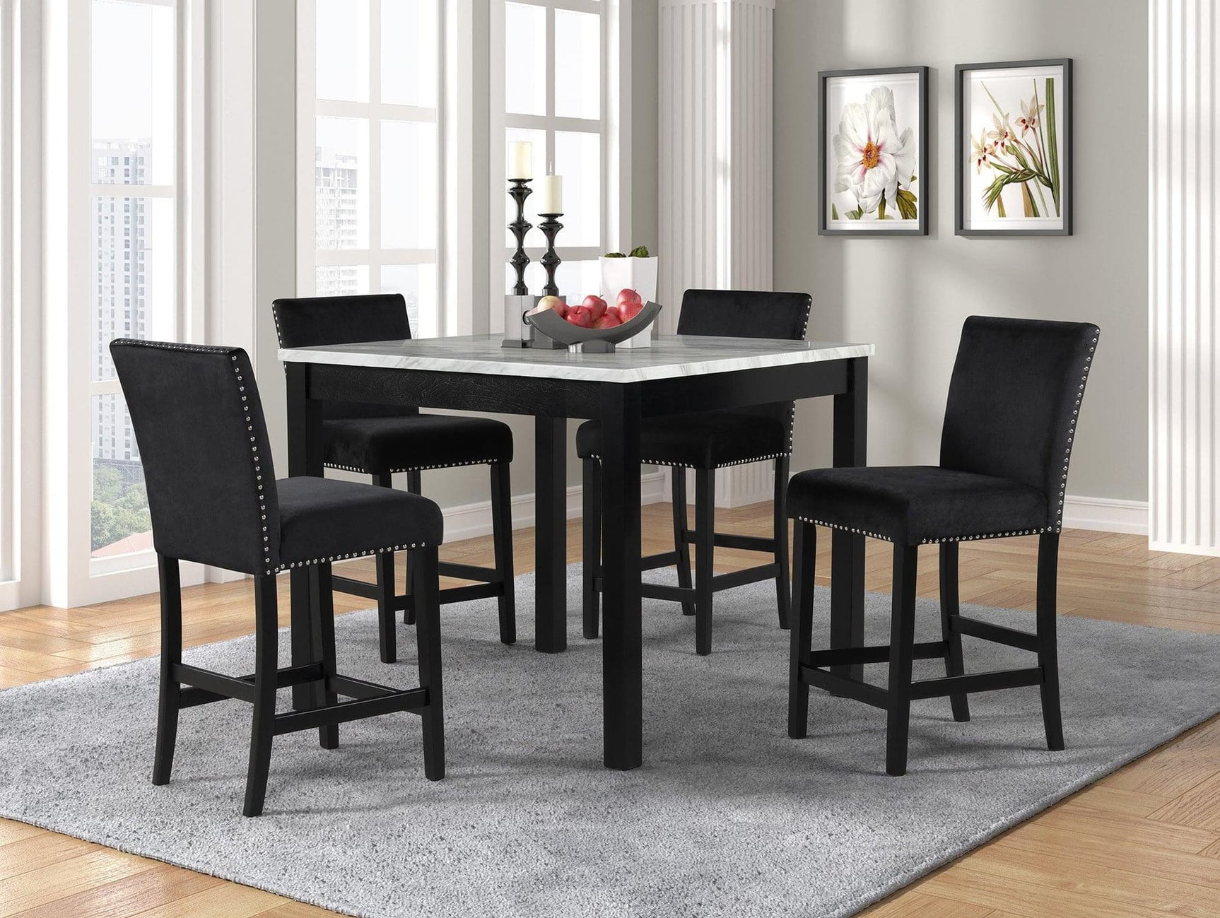 Dior Black PU Industrial Wood And Veneers Velvet Marble Top Pub Table + 4 Velvet Chair Dining Set - Ella Furniture