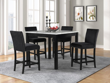 Dior Black PU Industrial Wood And Veneers Velvet Marble Top Pub Table + 4 Velvet Chair Dining Set - Ella Furniture