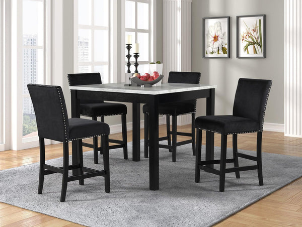 Dior Black PU Industrial Wood And Veneers Velvet Marble Top Pub Table + 4 Velvet Chair Dining Set - Ella Furniture