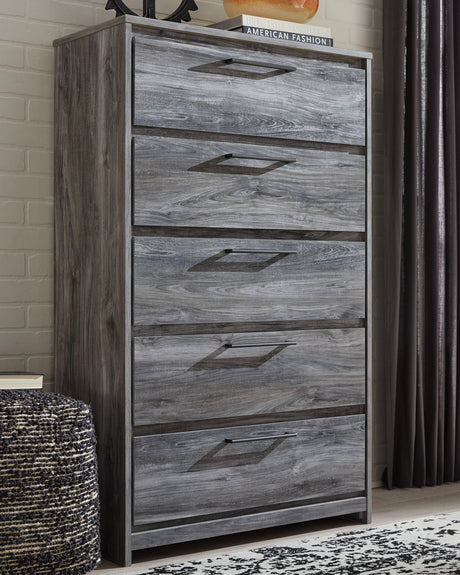 Baystorm Gray 5-Drawer Chest front view showing rustic oak grain finish